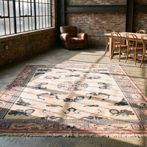 Antique Wool Coral / Salmon Pink Hand Knotted Pile Rug (SKU 22846) - room view