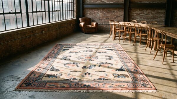 Antique wool coral / salmon pink hand knotted pile rug (sku 22846) - room view