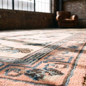 Antique Wool Coral / Salmon Pink Hand Knotted Pile Rug (SKU 22846) - in-room detail