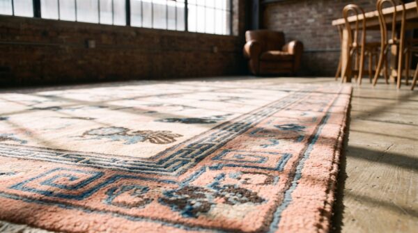 Antique wool coral / salmon pink hand knotted pile rug (sku 22846) - in-room detail