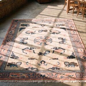 Antique Wool Coral / Salmon Pink Hand Knotted Pile Rug (SKU 22846) - styled overhead view