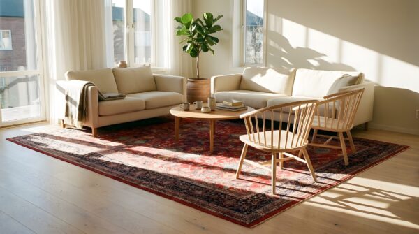Antique coral sarouk farahan persian floral medallion rug 9 Antique coral sarouk farahan persian floral medallion rug (sku 22873) - room view