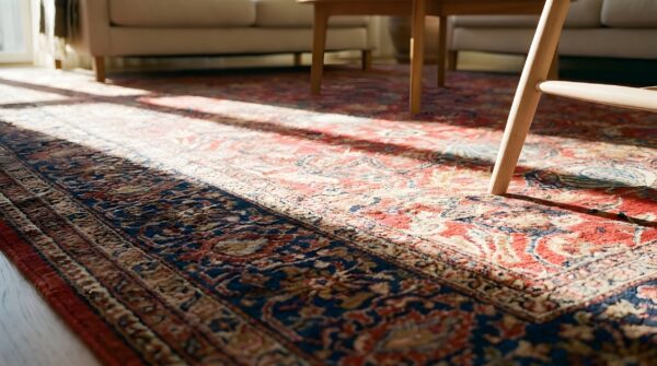 Antique coral sarouk farahan persian floral medallion rug 10 Antique coral sarouk farahan persian floral medallion rug (sku 22873) - in-room detail