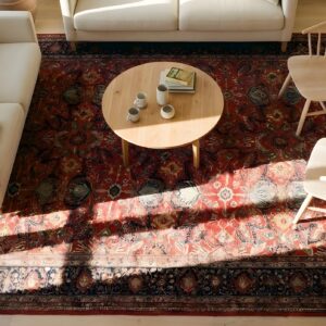 Antique Coral Sarouk Farahan Persian Floral Medallion Rug (SKU 22873) - styled overhead view