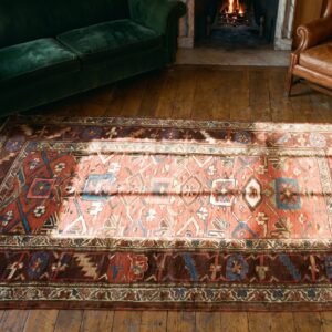 Coral Small Size Antique Rustic Tribal Persian Bidjar Throw Rug (SKU 18320) - styled overhead view