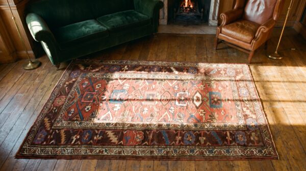 Coral small size antique rustic tribal persian bidjar throw rug 2 Coral small size antique rustic tribal persian bidjar throw rug (sku 18320) - styled overhead view