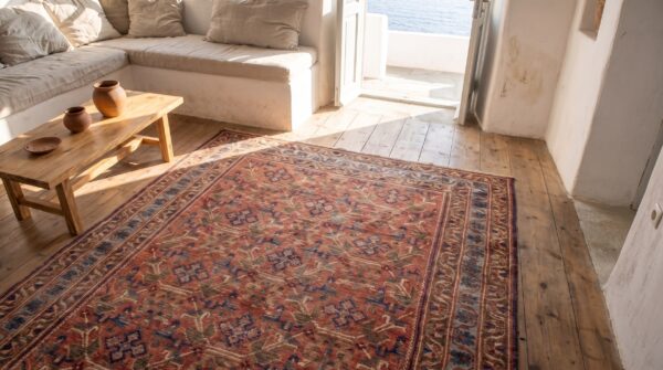 Coral tribal 4 point start motif antique rustic persian afshar area rug 2 Coral tribal 4 point start motif antique rustic persian afshar area rug (sku 19205) - styled overhead view
