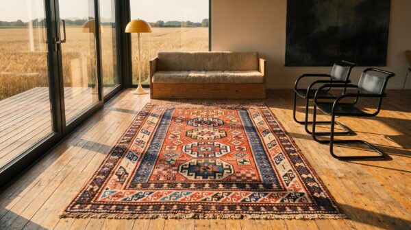 Coral antique tribal geometric design caucasian rug 7 Coral antique tribal geometric design caucasian rug (sku 20344) - room view
