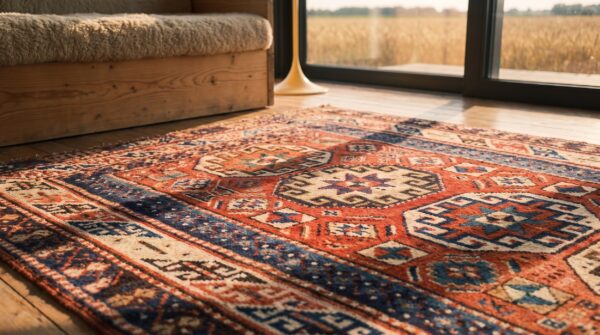 Coral antique tribal geometric design caucasian rug 8 Coral antique tribal geometric design caucasian rug (sku 20344) - in-room detail