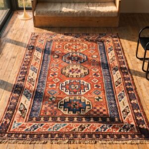 Coral Antique Tribal Geometric Design Caucasian Rug (SKU 20344) - styled overhead view