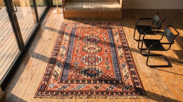 Coral antique tribal geometric design caucasian rug 2 Coral antique tribal geometric design caucasian rug (sku 20344) - styled overhead view
