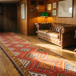Coral Antique Tribal Geometric Flat Weave Persian Qashqai Extremely Long Hallway Runner Kilim Rug (SKU 17643) - room view