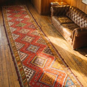 Coral Antique Tribal Geometric Flat Weave Persian Qashqai Extremely Long Hallway Runner Kilim Rug (SKU 17643) - styled overhead view