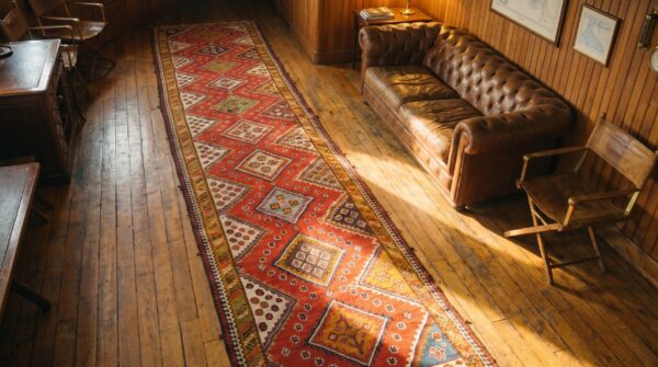Coral antique tribal geometric flat weave persian qashqai extremely long hallway runner kilim rug (sku 17643) - styled overhead view