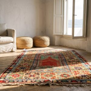 Coral Antique Tribal Geometric Islamic Prayer Design Late 19th Century Turkish Knoya Mujur Rug (SKU 21194) - room view