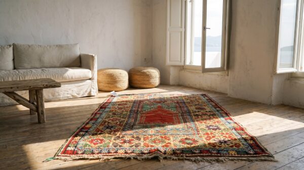 Coral antique tribal geometric islamic prayer design late 19th century turkish knoya mujur rug 10 Coral antique tribal geometric islamic prayer design late 19th century turkish knoya mujur rug (sku 21194) - room view