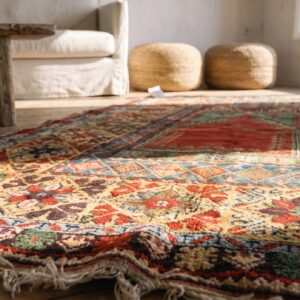 Coral Antique Tribal Geometric Islamic Prayer Design Late 19th Century Turkish Knoya Mujur Rug (SKU 21194) - in-room detail