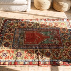Coral Antique Tribal Geometric Islamic Prayer Design Late 19th Century Turkish Knoya Mujur Rug (SKU 21194) - styled overhead view