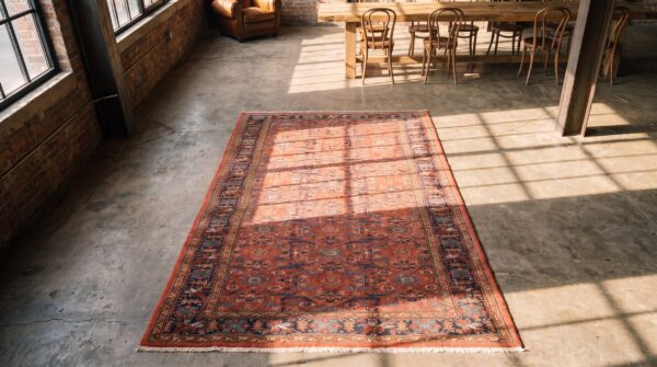 Coral antique tribal kurdish nw persian long and narrow rug 2 Coral antique tribal kurdish nw persian long and narrow rug (sku 17266) - styled overhead view