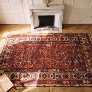 Coral Tribal Antique Persian Late 19th Century Kurdish Rug (SKU 20751) - styled overhead view