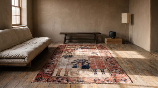 Antique coral tribal pictorial lion with sword design persian baluch rug 10 Antique coral tribal pictorial lion with sword design persian baluch rug (sku 21298) - room view