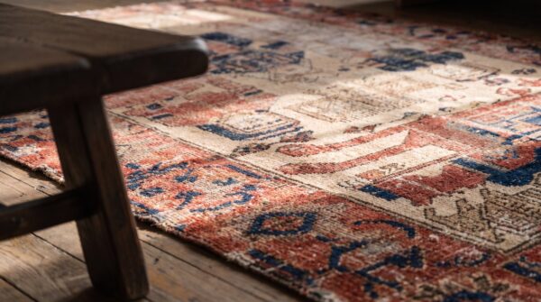 Antique coral tribal pictorial lion with sword design persian baluch rug 11 Antique coral tribal pictorial lion with sword design persian baluch rug (sku 21298) - in-room detail