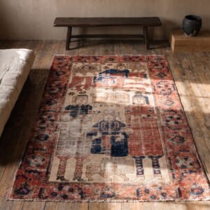 Antique Coral Tribal Pictorial Lion with Sword Design Persian Baluch Rug (SKU 21298) - styled overhead view