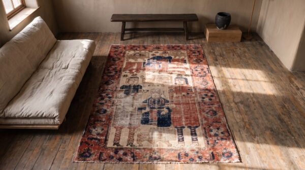Antique coral tribal pictorial lion with sword design persian baluch rug 2 Antique coral tribal pictorial lion with sword design persian baluch rug (sku 21298) - styled overhead view