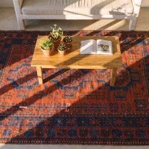 Coral Antique Tribal Primitive Square Caucasian Kazak Rug (SKU 21826) - styled overhead view