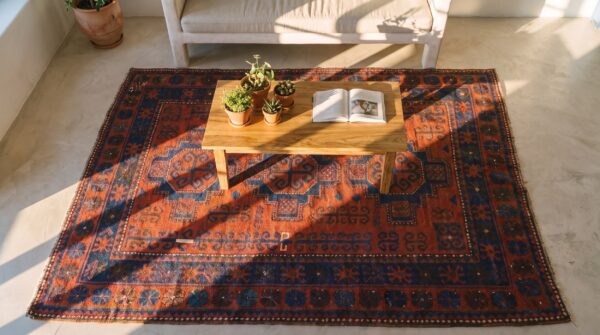 Coral antique tribal primitive square caucasian kazak rug 2 Coral antique tribal primitive square caucasian kazak rug (sku 21826) - styled overhead view