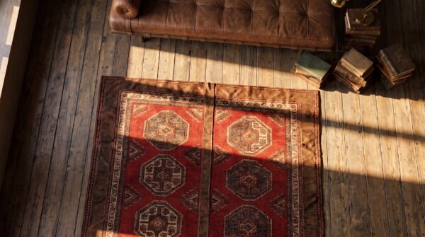 Coral antique turkish - anatolian turkish knotted rug 2 Coral antique turkish - anatolian turkish knotted rug (sku 22313) - styled overhead view