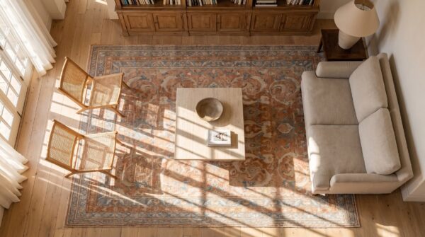 Knotted cotton antique agra - 1930s rectangle ivory small scatter size indian rug 2 Knotted cotton antique agra - 1930s rectangle ivory small scatter size indian rug (sku 21763) - styled overhead view