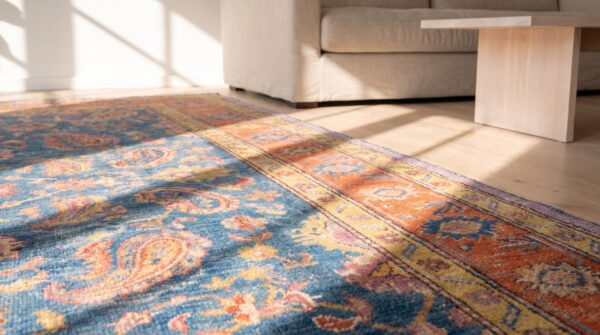 Antique cotton blue hand knotted pile rug 8 Antique cotton blue hand knotted pile rug (sku 21141) - in-room detail
