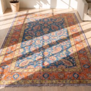 Antique Cotton Blue Hand Knotted Pile Rug (SKU 21141) - styled overhead view