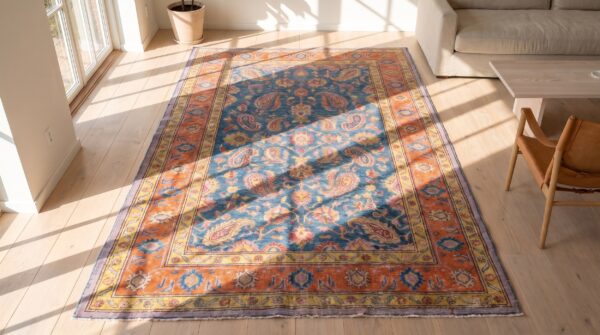 Antique cotton blue hand knotted pile rug 2 Antique cotton blue hand knotted pile rug (sku 21141) - styled overhead view