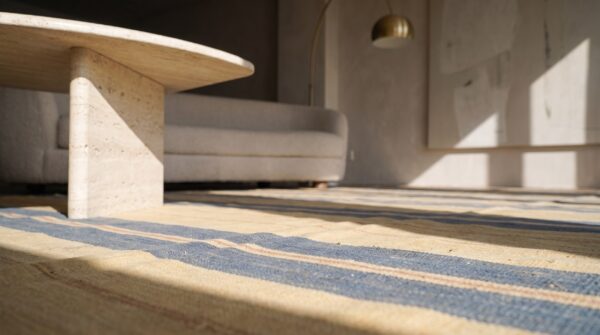 Antique cotton dhurrie allover striped flat weave wide gallery rug (sku 21337) - in-room detail