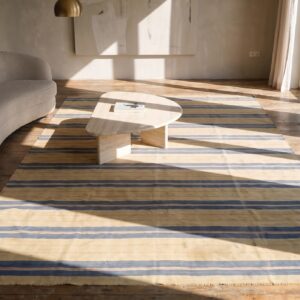 Antique Cotton Dhurrie Allover Striped Flat Weave Wide Gallery Rug (SKU 21337) - styled overhead view
