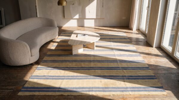 Antique cotton dhurrie allover striped flat weave wide gallery rug (sku 21337) - styled overhead view