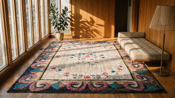 Antique wool & cotton ivory beige cream white hooked - loop pile rug 4 Antique wool & cotton ivory beige cream white hooked - loop pile rug (sku 18366) - room view