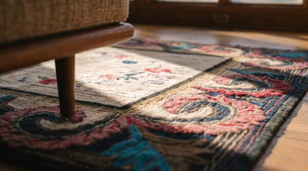 Antique wool & cotton ivory beige cream white hooked - loop pile rug 5 Antique wool & cotton ivory beige cream white hooked - loop pile rug (sku 18366) - in-room detail