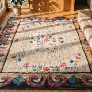 Antique Wool & Cotton Ivory Beige Cream White Hooked - Loop Pile Rug (SKU 18366) - styled overhead view