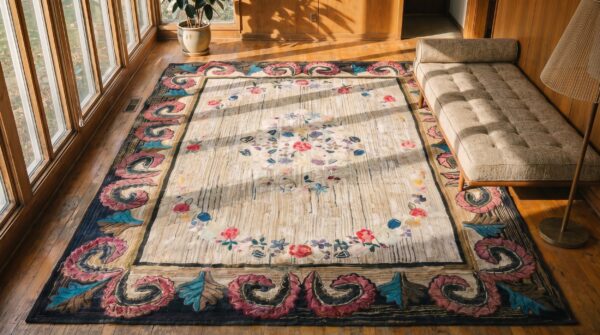 Antique wool & cotton ivory beige cream white hooked - loop pile rug 2 Antique wool & cotton ivory beige cream white hooked - loop pile rug (sku 18366) - styled overhead view