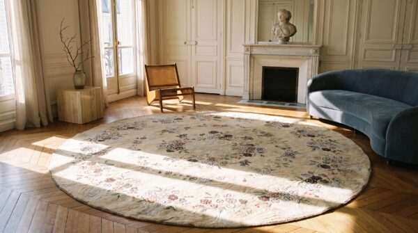 Antique cotton ivory beige cream white hooked - round loop pile rug 9 Antique cotton ivory beige cream white hooked - round loop pile rug (sku 20574) - room view