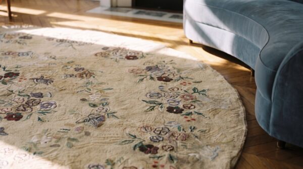 Antique cotton ivory beige cream white hooked - round loop pile rug 10 Antique cotton ivory beige cream white hooked - round loop pile rug (sku 20574) - in-room detail