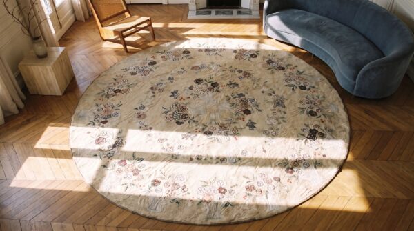 Antique cotton ivory beige cream white hooked - round loop pile rug 2 Antique cotton ivory beige cream white hooked - round loop pile rug (sku 20574) - styled overhead view