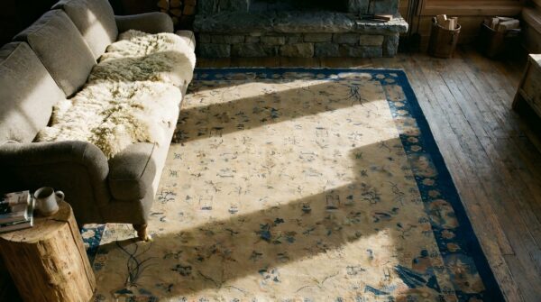 Antique cream color allover pattern chinese room size peking rug 2 Antique cream color allover pattern chinese room size peking rug (sku 25240) - styled overhead view