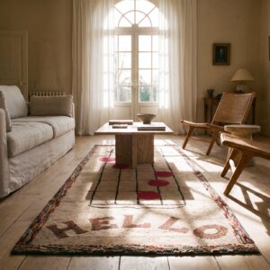 Cream Color Antique American Folk Art Musical Notes Design Hooked Rug (SKU 20505) - room view