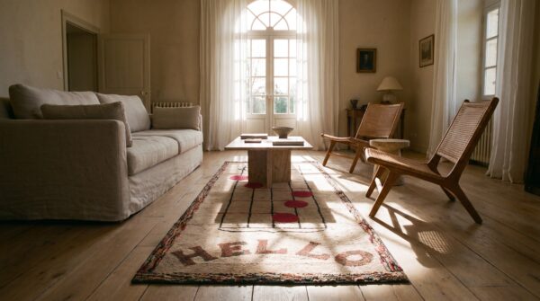 Cream color antique american folk art musical notes design hooked rug 7 Cream color antique american folk art musical notes design hooked rug (sku 20505) - room view