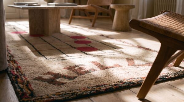 Cream color antique american folk art musical notes design hooked rug 8 Cream color antique american folk art musical notes design hooked rug (sku 20505) - in-room detail