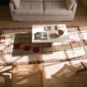 Cream Color Antique American Folk Art Musical Notes Design Hooked Rug (SKU 20505) - styled overhead view